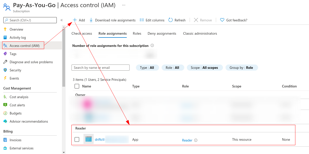 Azure 공급자를 위한 Reader 역할 설정